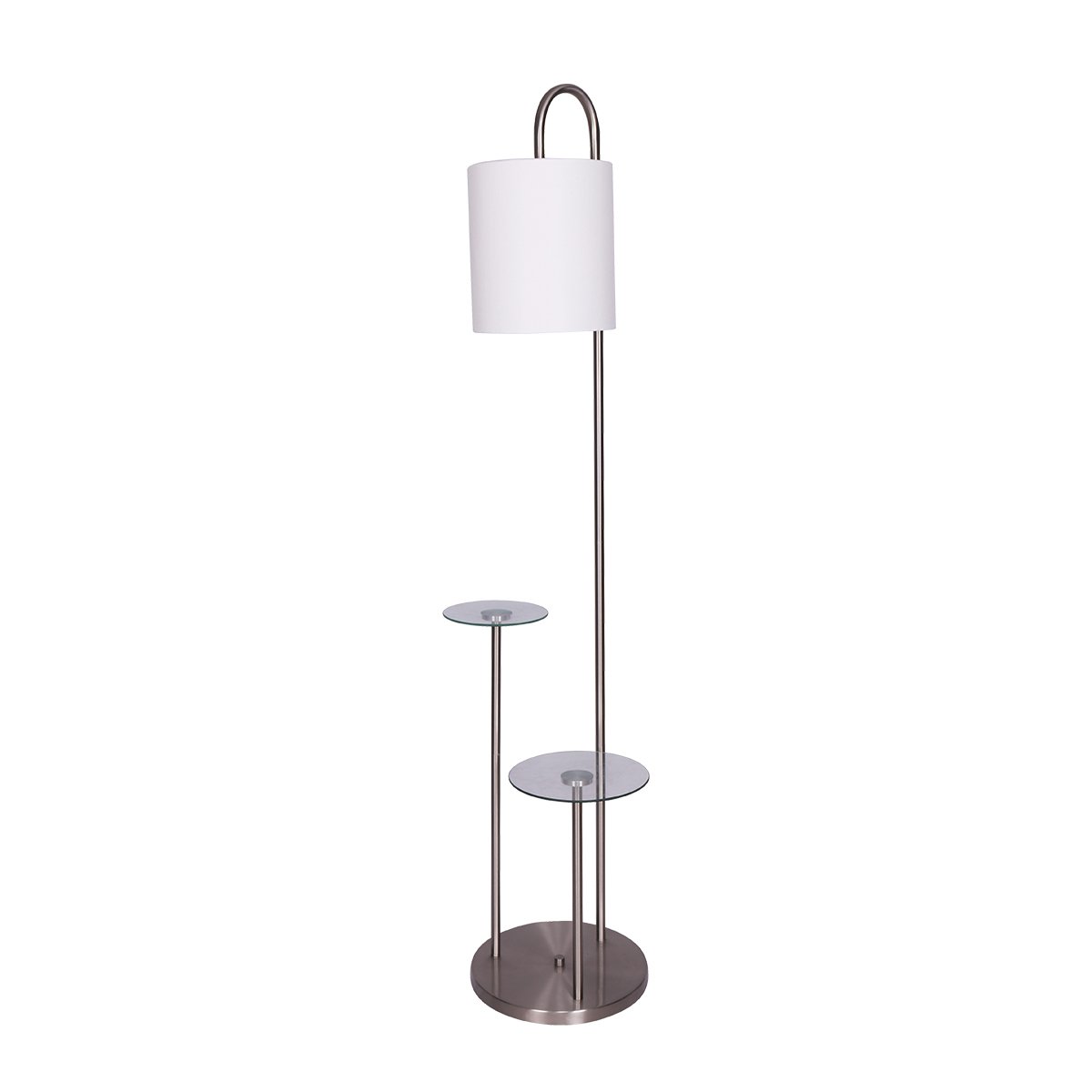 Sarantino Metal Floor Lamp featuring brushed steel finish, two glass shelves, and a textured white fabric drum shade, ideal for modern interiors.