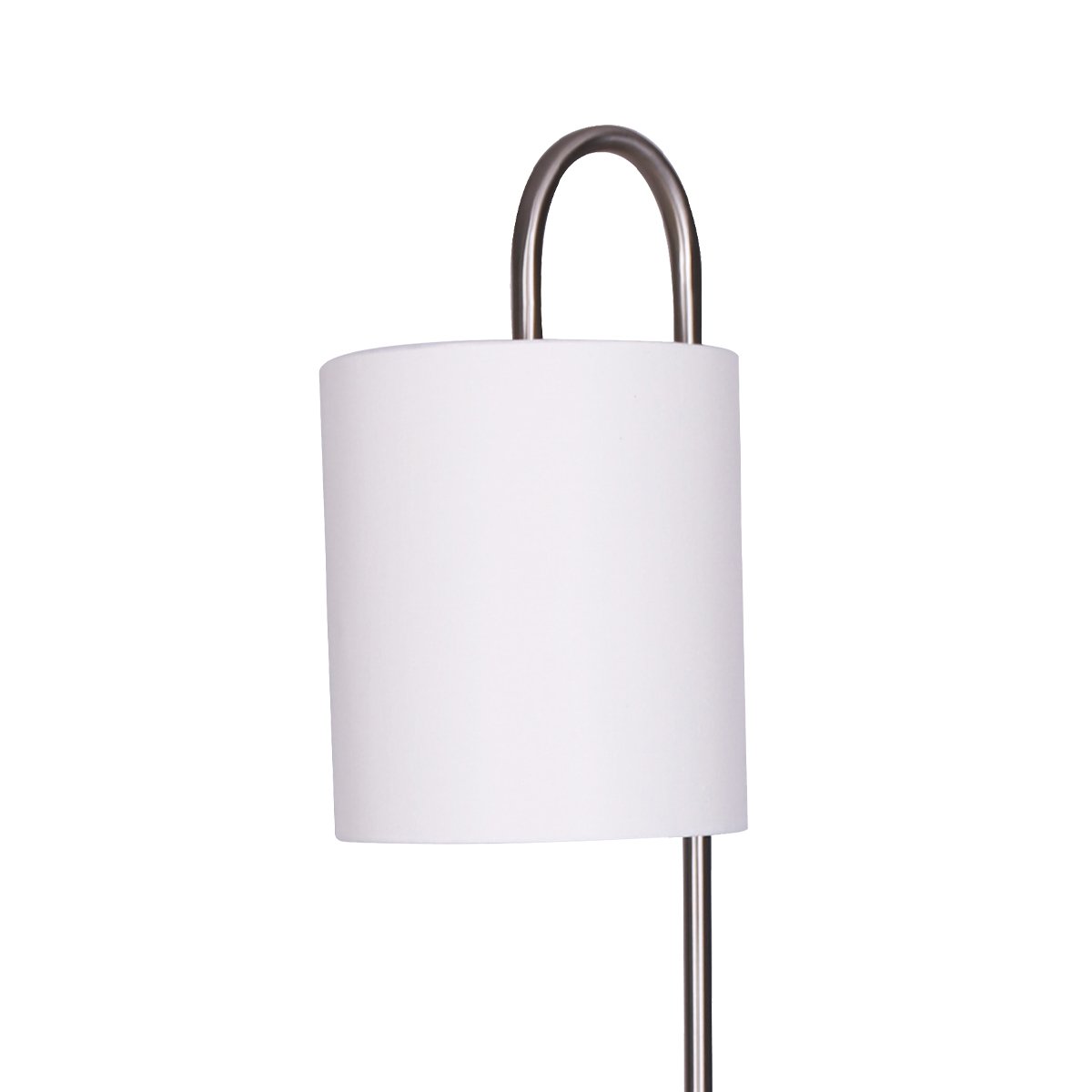 Sarantino Metal Floor Lamp featuring brushed steel finish, two glass shelves, and a textured white fabric drum shade, ideal for modern interiors.