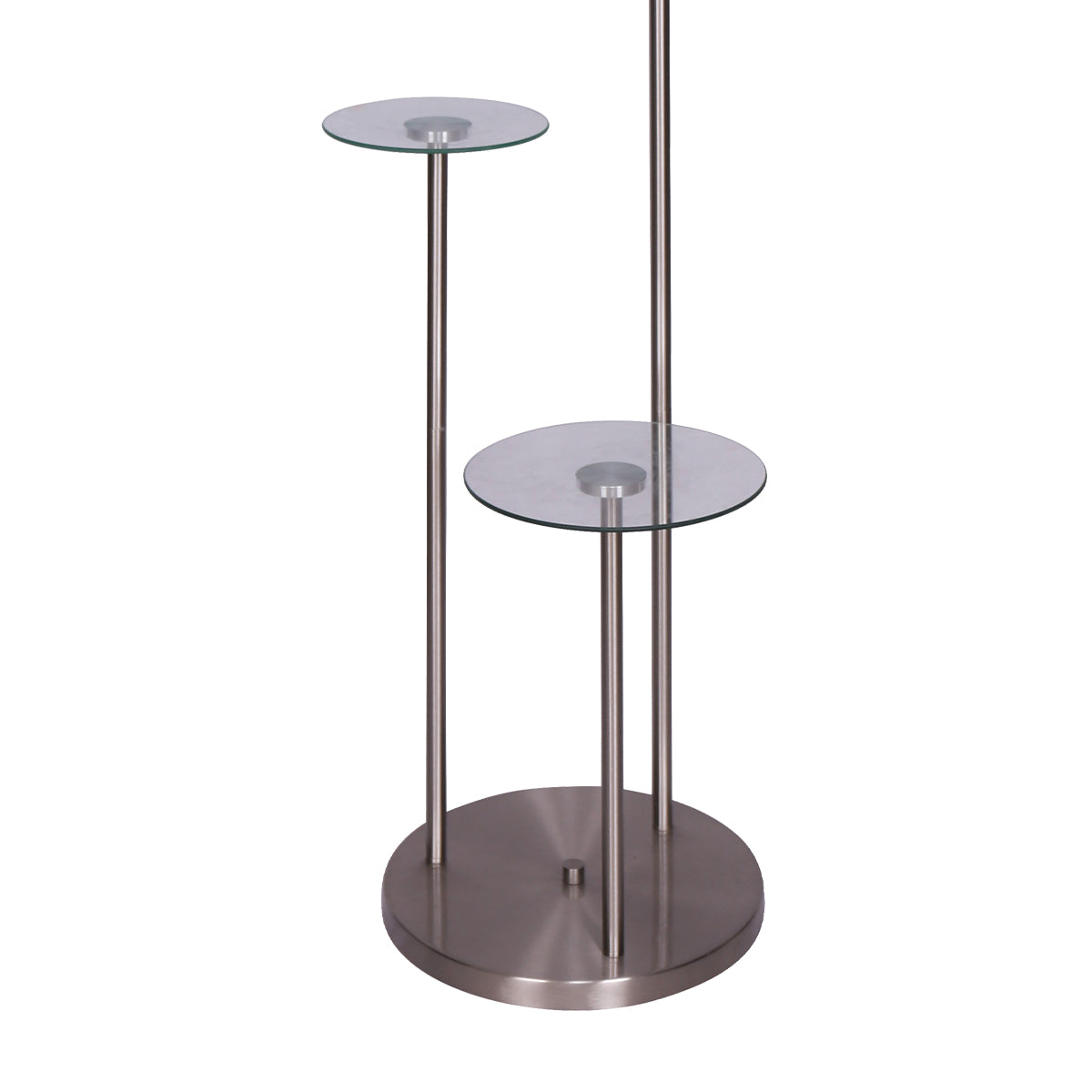 Sarantino Metal Floor Lamp featuring brushed steel finish, two glass shelves, and a textured white fabric drum shade, ideal for modern interiors.