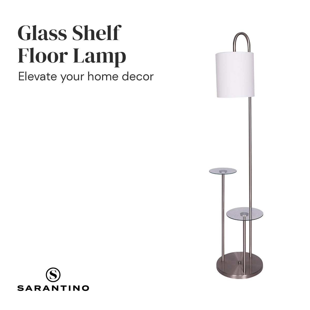 Sarantino Metal Floor Lamp featuring brushed steel finish, two glass shelves, and a textured white fabric drum shade, ideal for modern interiors.