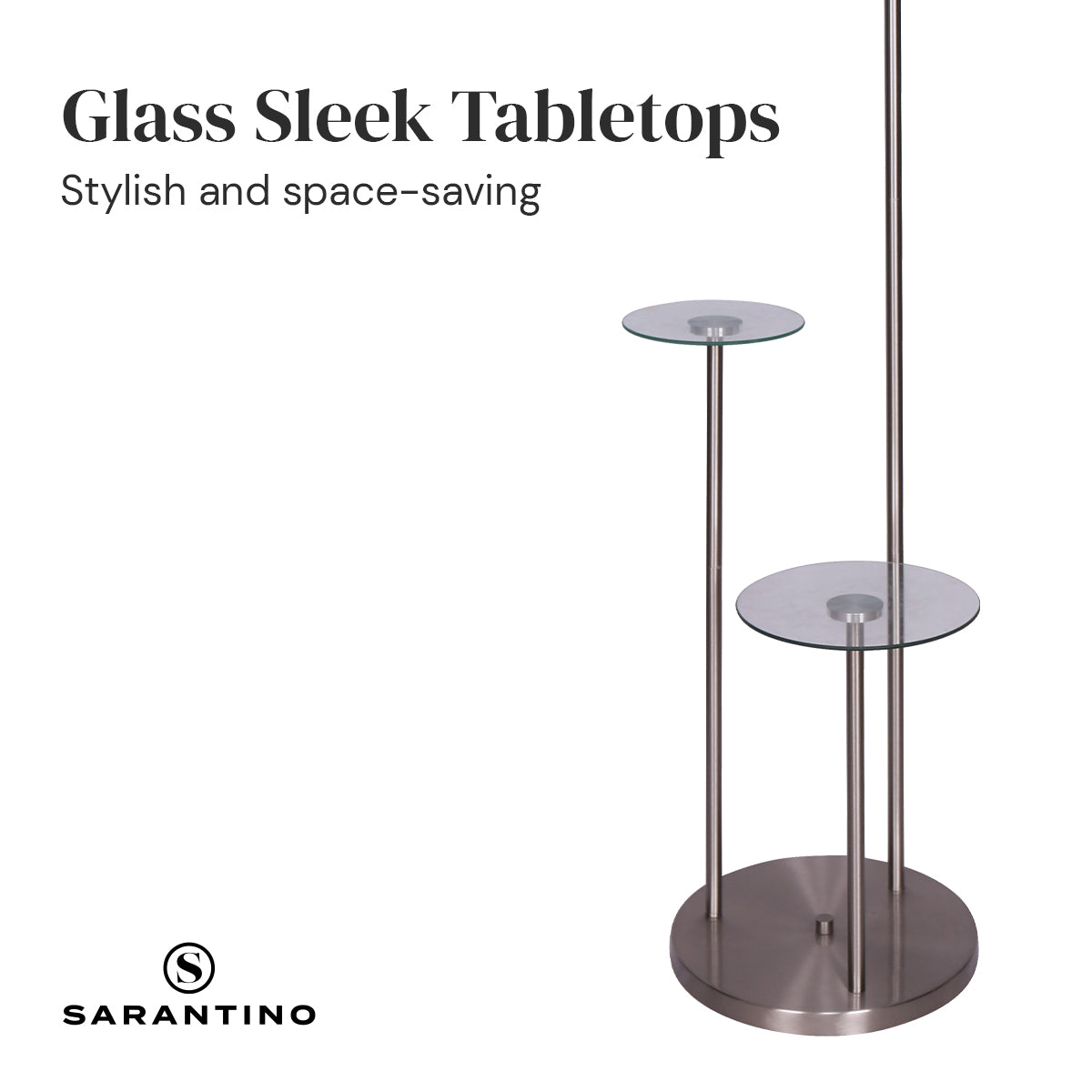 Sarantino Metal Floor Lamp featuring brushed steel finish, two glass shelves, and a textured white fabric drum shade, ideal for modern interiors.