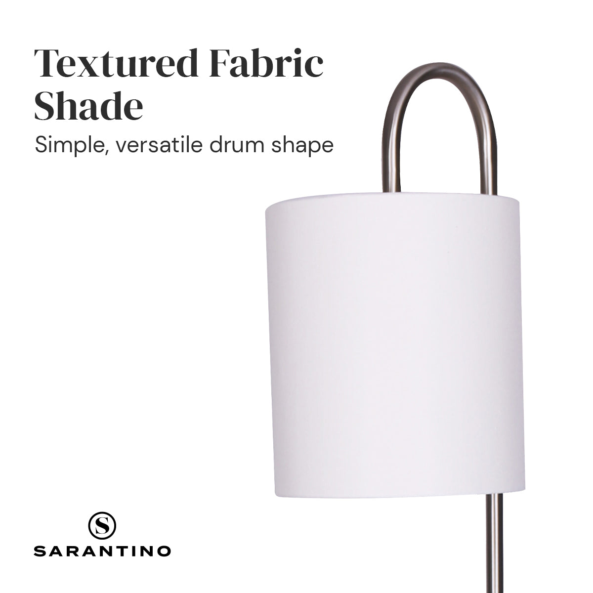 Sarantino Metal Floor Lamp featuring brushed steel finish, two glass shelves, and a textured white fabric drum shade, ideal for modern interiors.