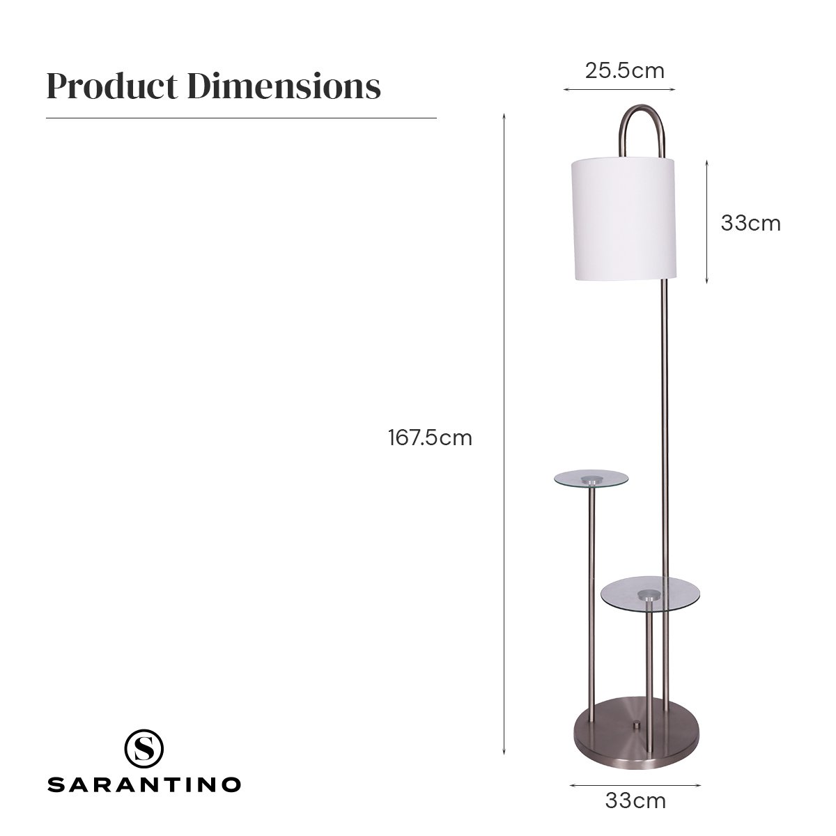 Sarantino Metal Floor Lamp featuring brushed steel finish, two glass shelves, and a textured white fabric drum shade, ideal for modern interiors.