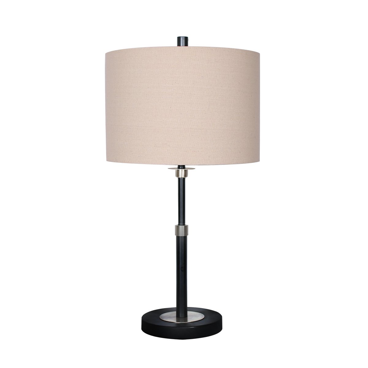 Sarantino Metal Table Lamp with a cream linen drum shade and black metal base, showcasing a modern and elegant design.