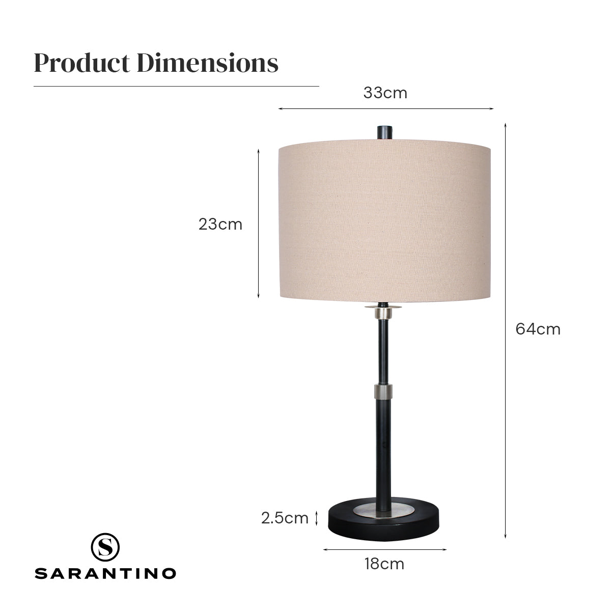 Sarantino Metal Table Lamp with a cream linen drum shade and black metal base, showcasing a modern and elegant design.