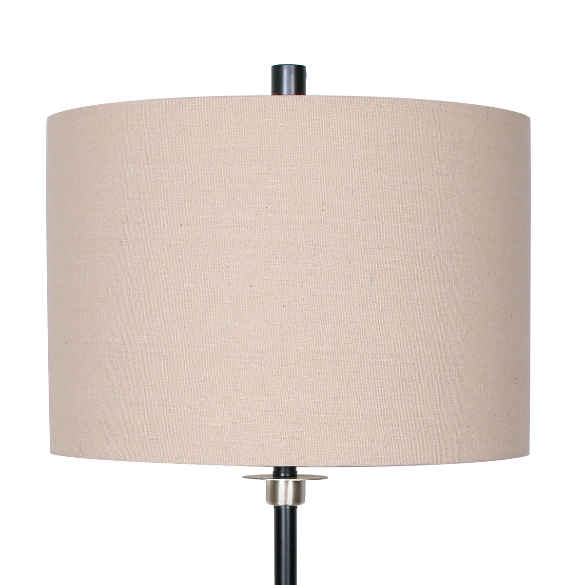 Sarantino Metal Table Lamp with a cream linen drum shade and black metal base, showcasing a modern and elegant design.