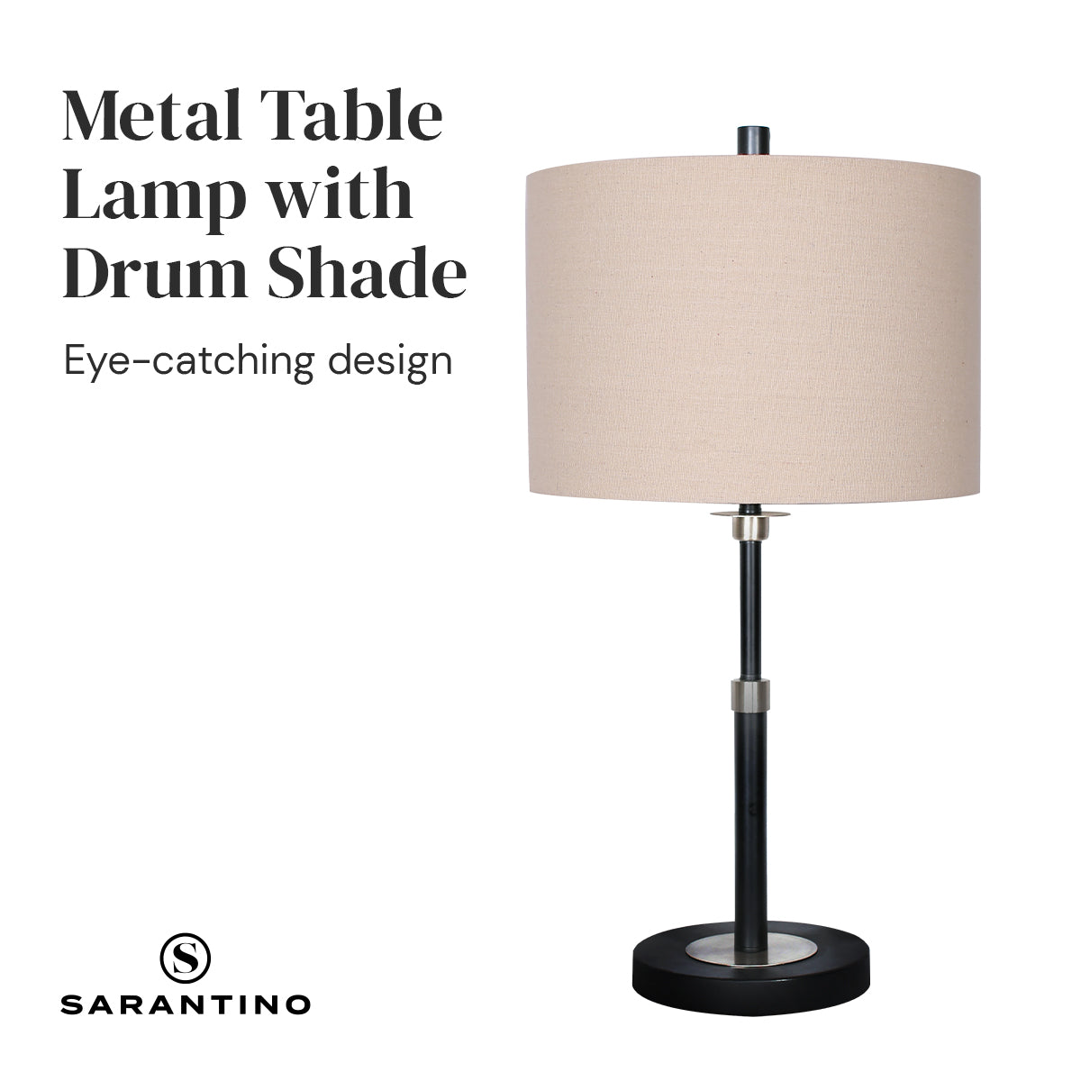 Sarantino Metal Table Lamp with a cream linen drum shade and black metal base, showcasing a modern and elegant design.