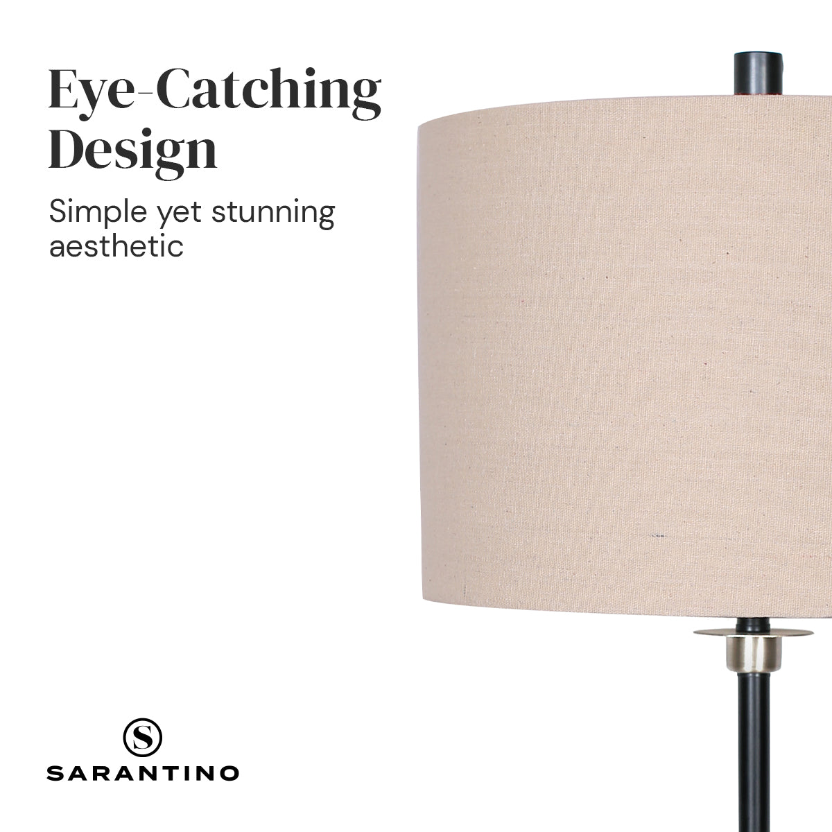 Sarantino Metal Table Lamp with a cream linen drum shade and black metal base, showcasing a modern and elegant design.