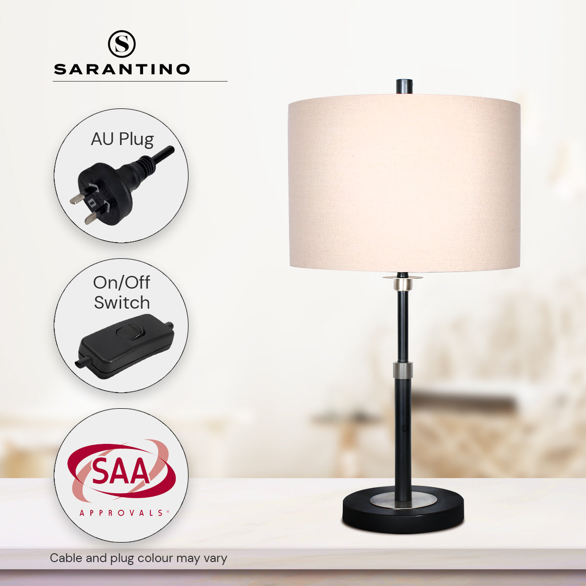 Sarantino Metal Table Lamp with a cream linen drum shade and black metal base, showcasing a modern and elegant design.