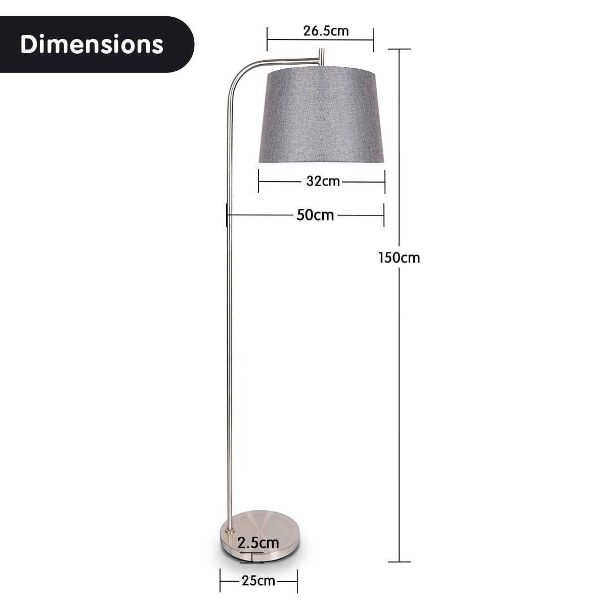 Sarantino Metal Task Floor Lamp with a sleek nickel finish and a chic grey fabric shade, perfect for modern interiors.