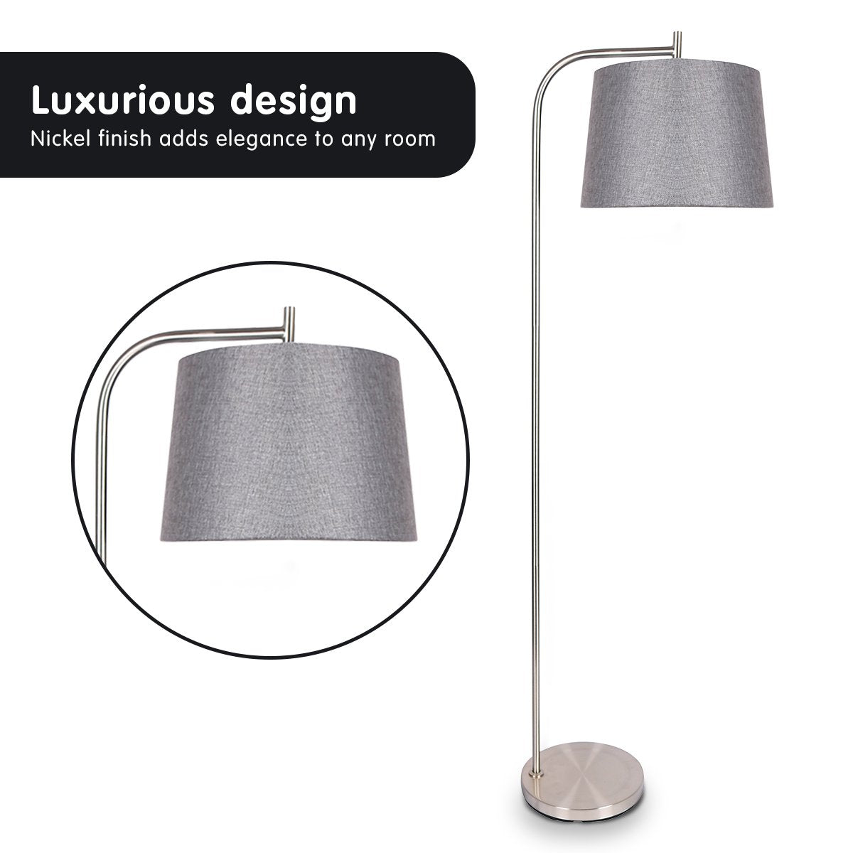 Sarantino Metal Task Floor Lamp with a sleek nickel finish and a chic grey fabric shade, perfect for modern interiors.