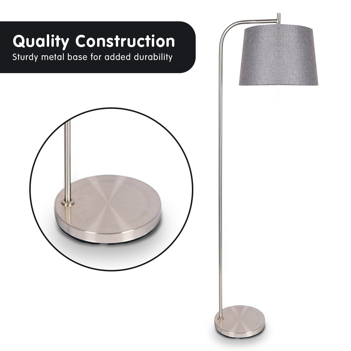 Sarantino Metal Task Floor Lamp with a sleek nickel finish and a chic grey fabric shade, perfect for modern interiors.