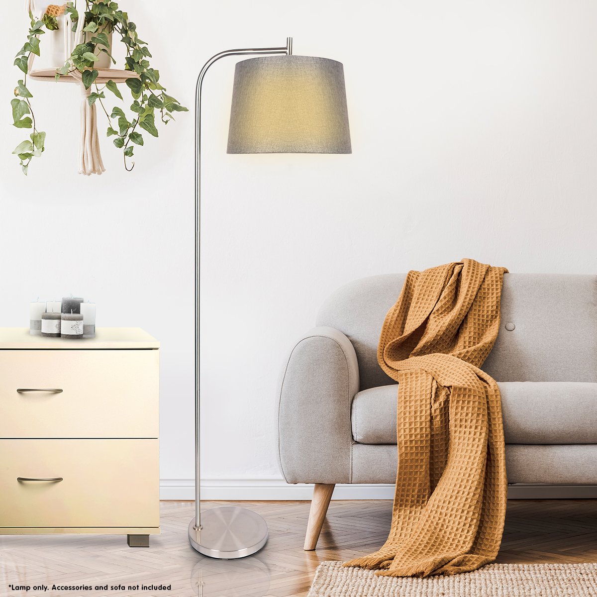 Sarantino Metal Task Floor Lamp with a sleek nickel finish and a chic grey fabric shade, perfect for modern interiors.