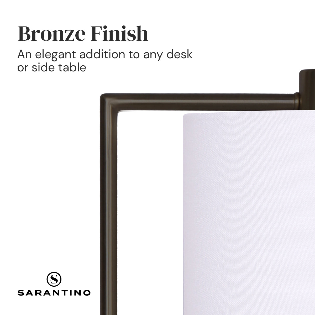 Sarantino Metal Task Lamp with USB Charging Port in bronze finish, featuring a white fabric shade and sleek design.