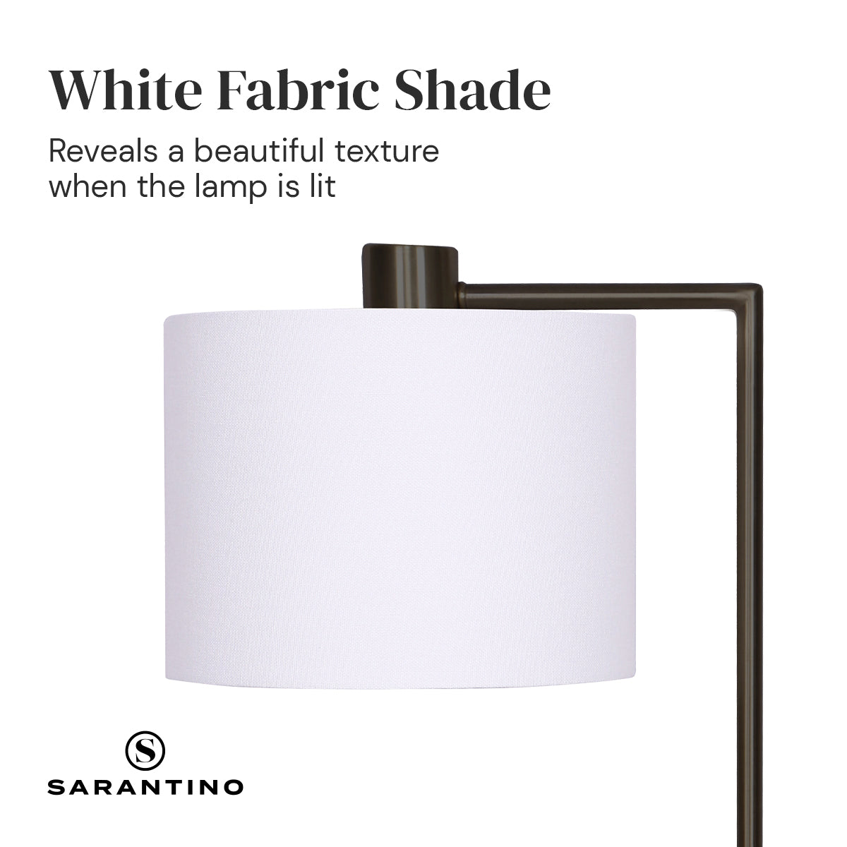 Sarantino Metal Task Lamp with USB Charging Port in bronze finish, featuring a white fabric shade and sleek design.