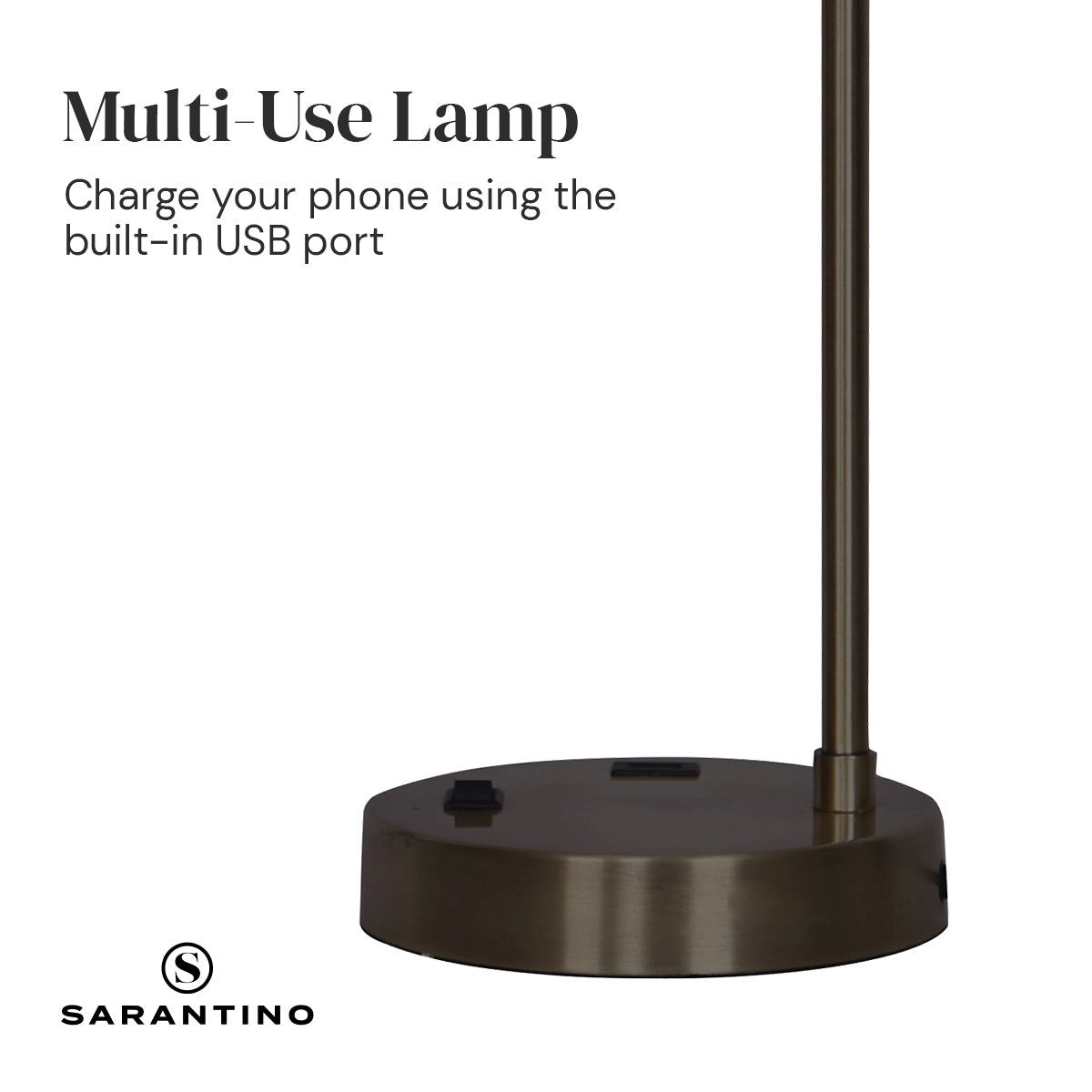 Sarantino Metal Task Lamp with USB Charging Port in bronze finish, featuring a white fabric shade and sleek design.