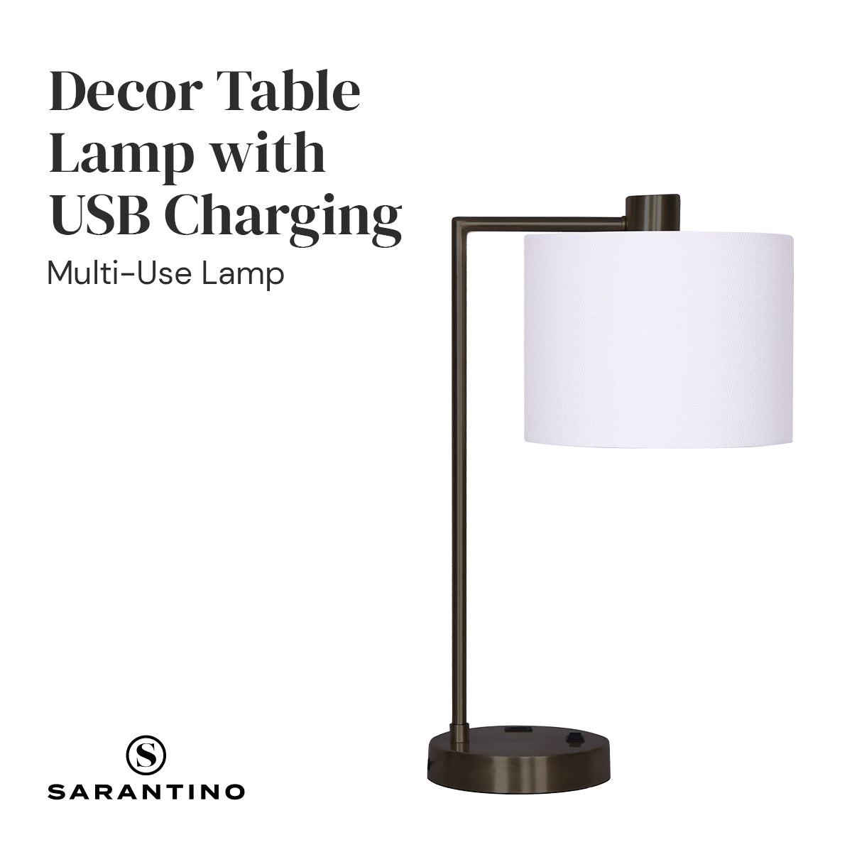 Sarantino Metal Task Lamp with USB Charging Port in bronze finish, featuring a white fabric shade and sleek design.