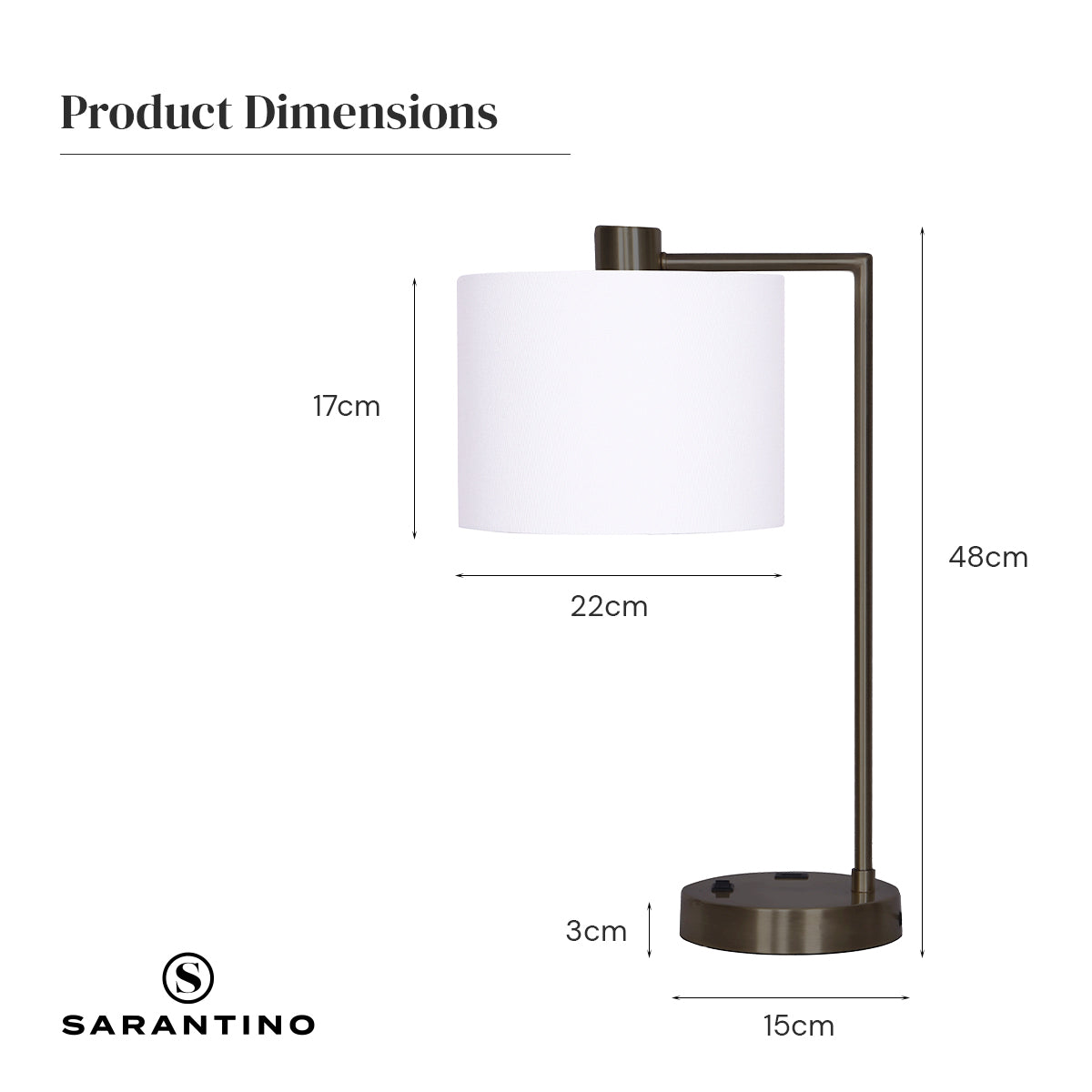 Sarantino Metal Task Lamp with USB Charging Port in bronze finish, featuring a white fabric shade and sleek design.