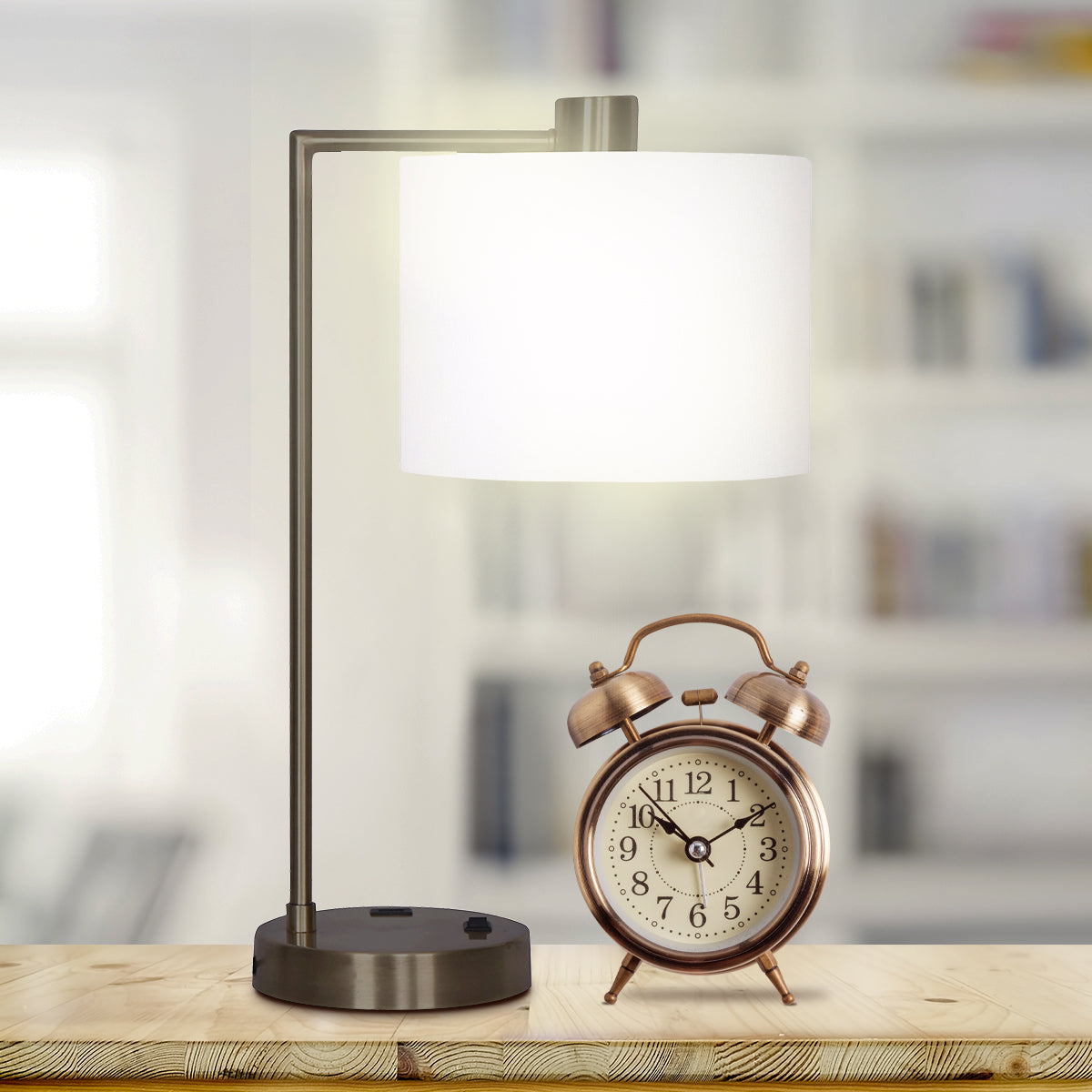 Sarantino Metal Task Lamp with USB Charging Port in bronze finish, featuring a white fabric shade and sleek design.