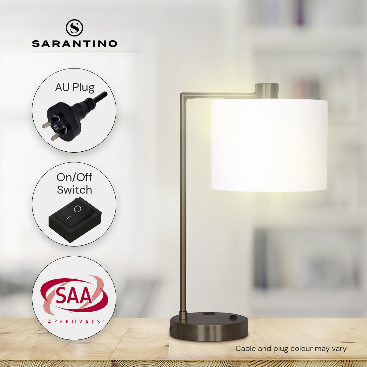 Sarantino Metal Task Lamp with USB Charging Port in bronze finish, featuring a white fabric shade and sleek design.