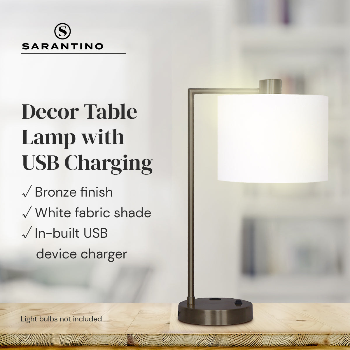 Sarantino Metal Task Lamp with USB Charging Port in bronze finish, featuring a white fabric shade and sleek design.