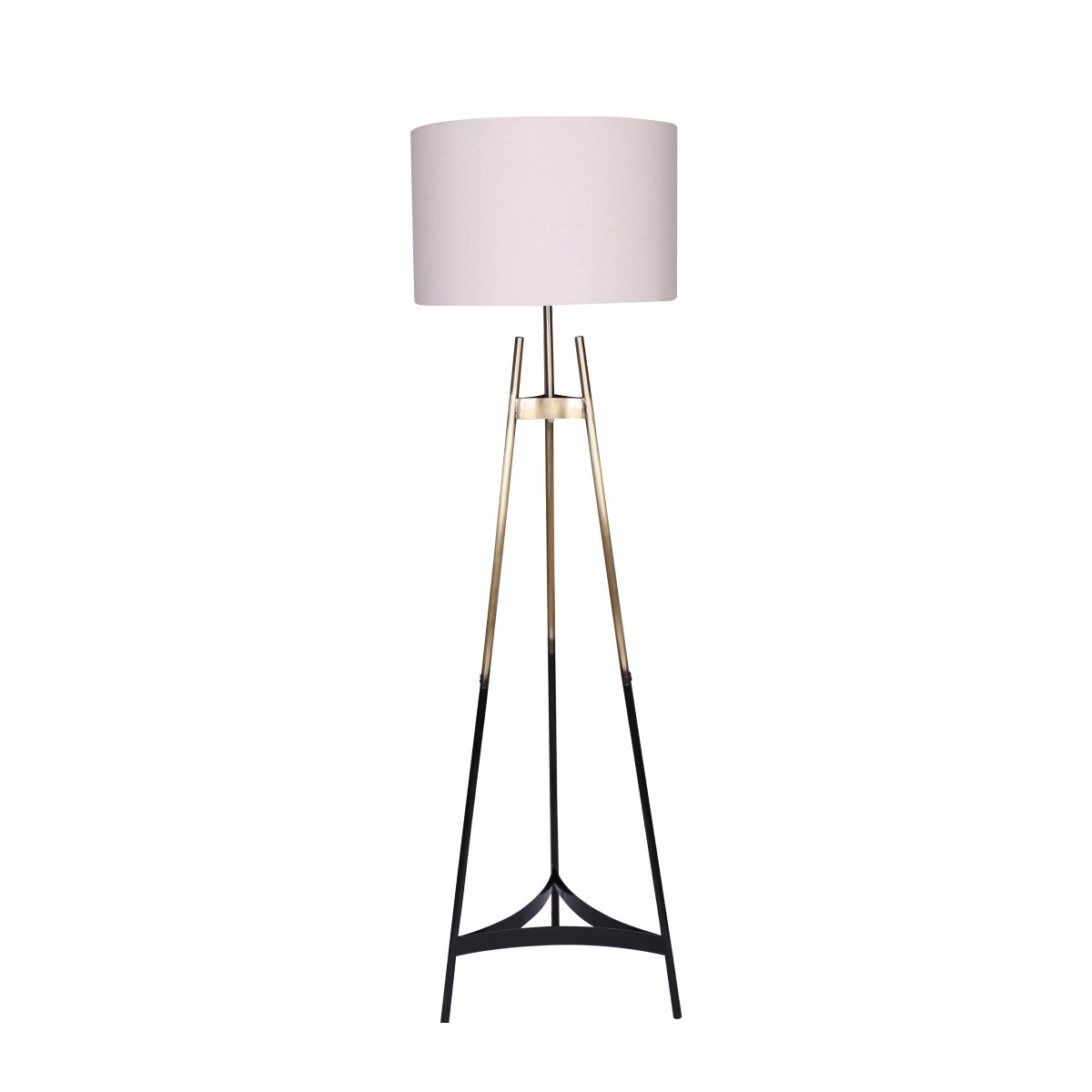 Sarantino Metal Tripod Electric Floor Lamp with gradient gold and black finish and neutral linen drum shade, elegantly designed for modern interiors.