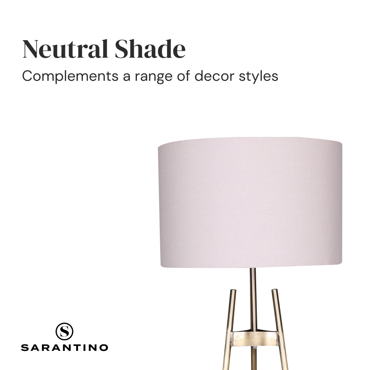 Sarantino Metal Tripod Electric Floor Lamp with gradient gold and black finish and neutral linen drum shade, elegantly designed for modern interiors.