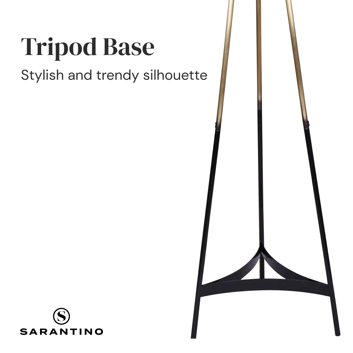 Sarantino Metal Tripod Electric Floor Lamp with gradient gold and black finish and neutral linen drum shade, elegantly designed for modern interiors.