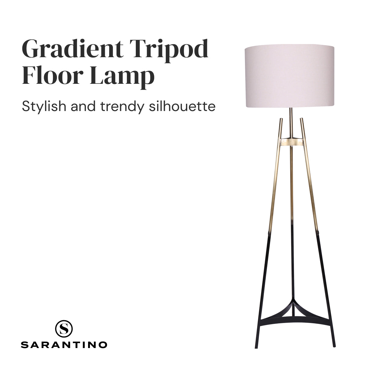 Sarantino Metal Tripod Electric Floor Lamp with gradient gold and black finish and neutral linen drum shade, elegantly designed for modern interiors.