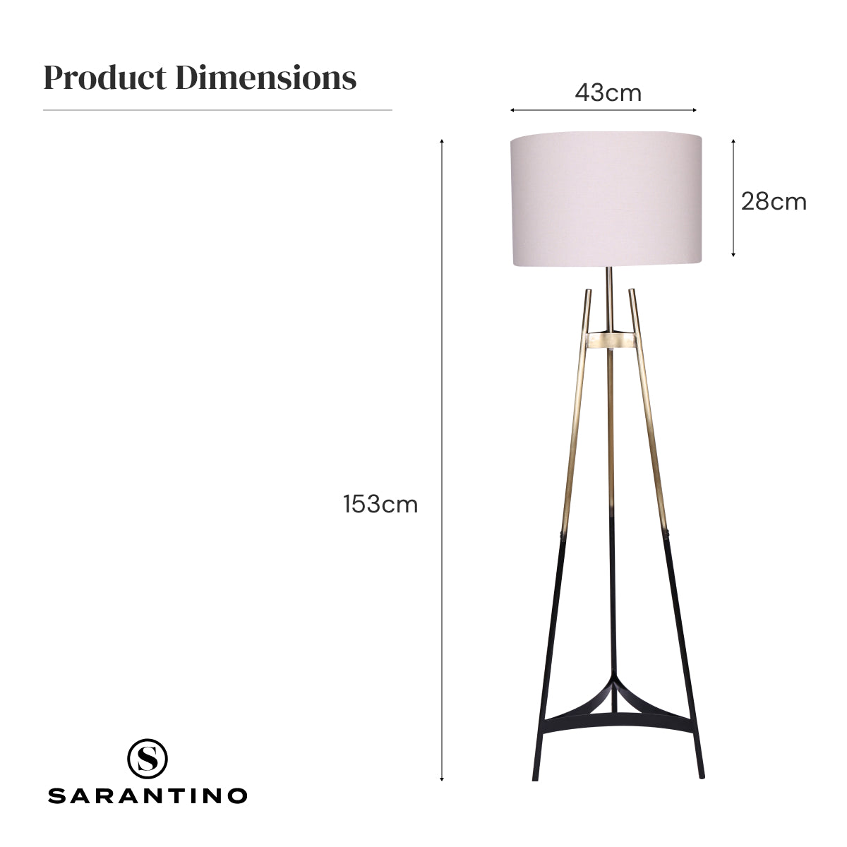 Sarantino Metal Tripod Electric Floor Lamp with gradient gold and black finish and neutral linen drum shade, elegantly designed for modern interiors.