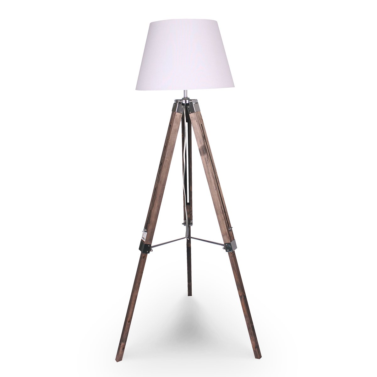 Sarantino Solid Wood Tripod Floor Lamp with adjustable height and classic white shade, showcasing its elegant design and sturdy wooden base.