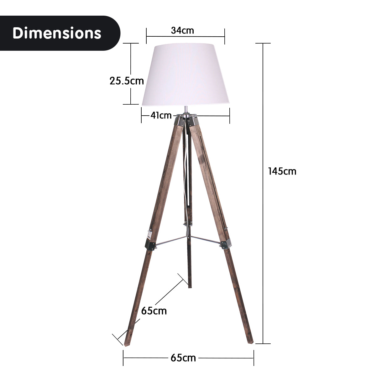 Sarantino Solid Wood Tripod Floor Lamp with adjustable height and classic white shade, showcasing its elegant design and sturdy wooden base.