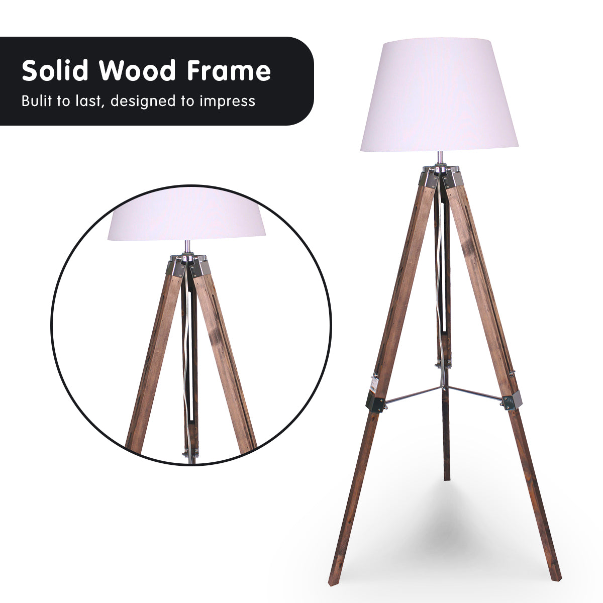 Sarantino Solid Wood Tripod Floor Lamp with adjustable height and classic white shade, showcasing its elegant design and sturdy wooden base.