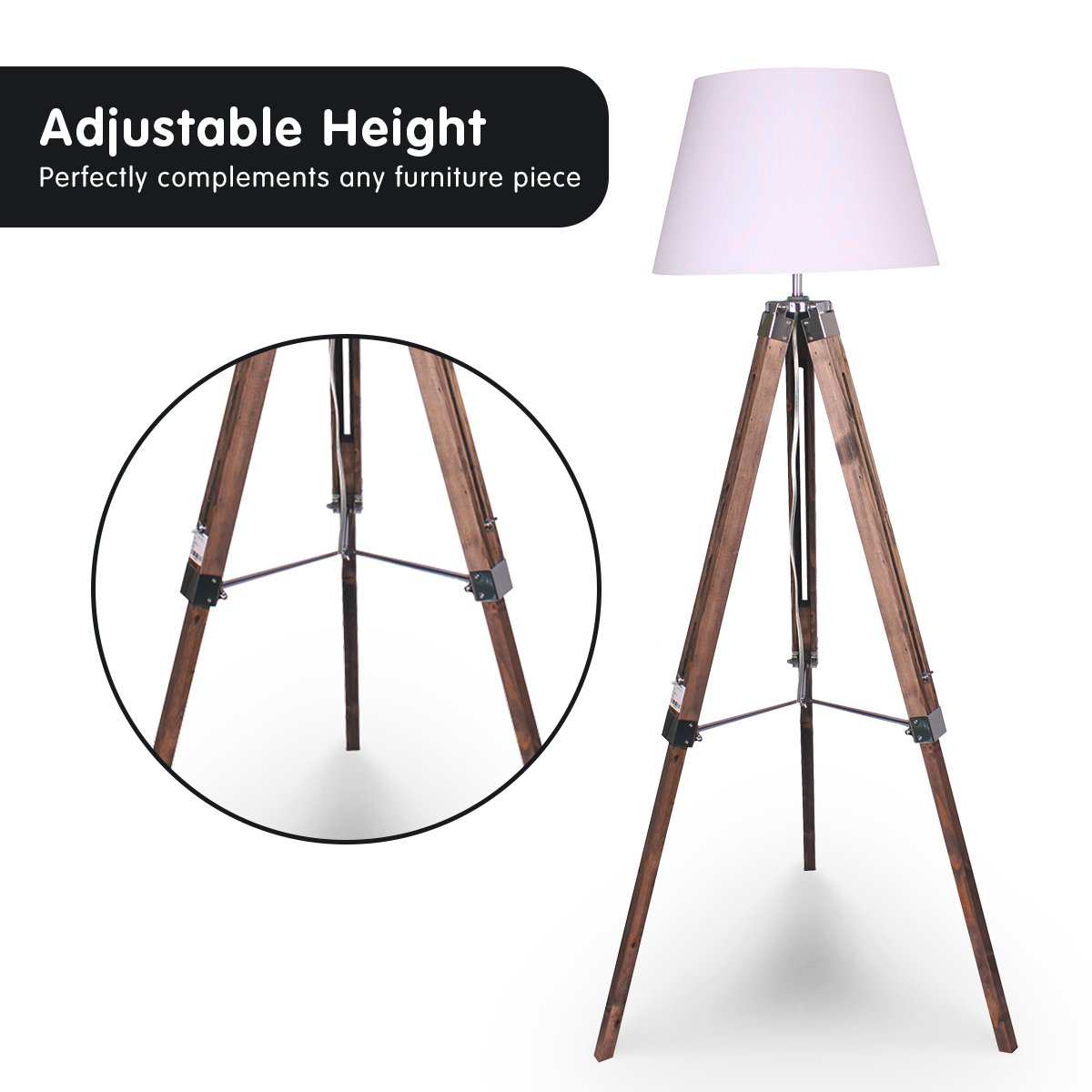 Sarantino Solid Wood Tripod Floor Lamp with adjustable height and classic white shade, showcasing its elegant design and sturdy wooden base.