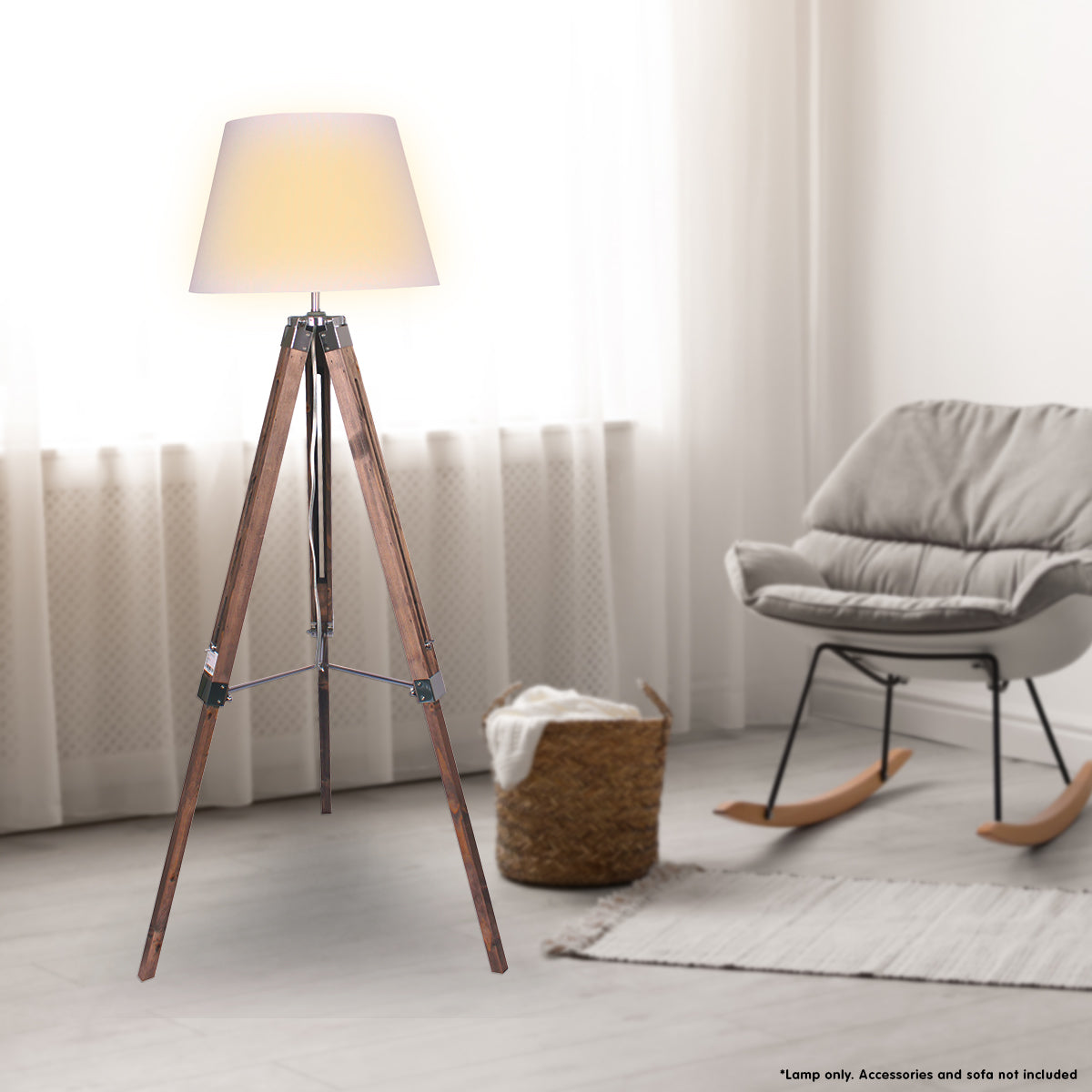 Sarantino Solid Wood Tripod Floor Lamp with adjustable height and classic white shade, showcasing its elegant design and sturdy wooden base.