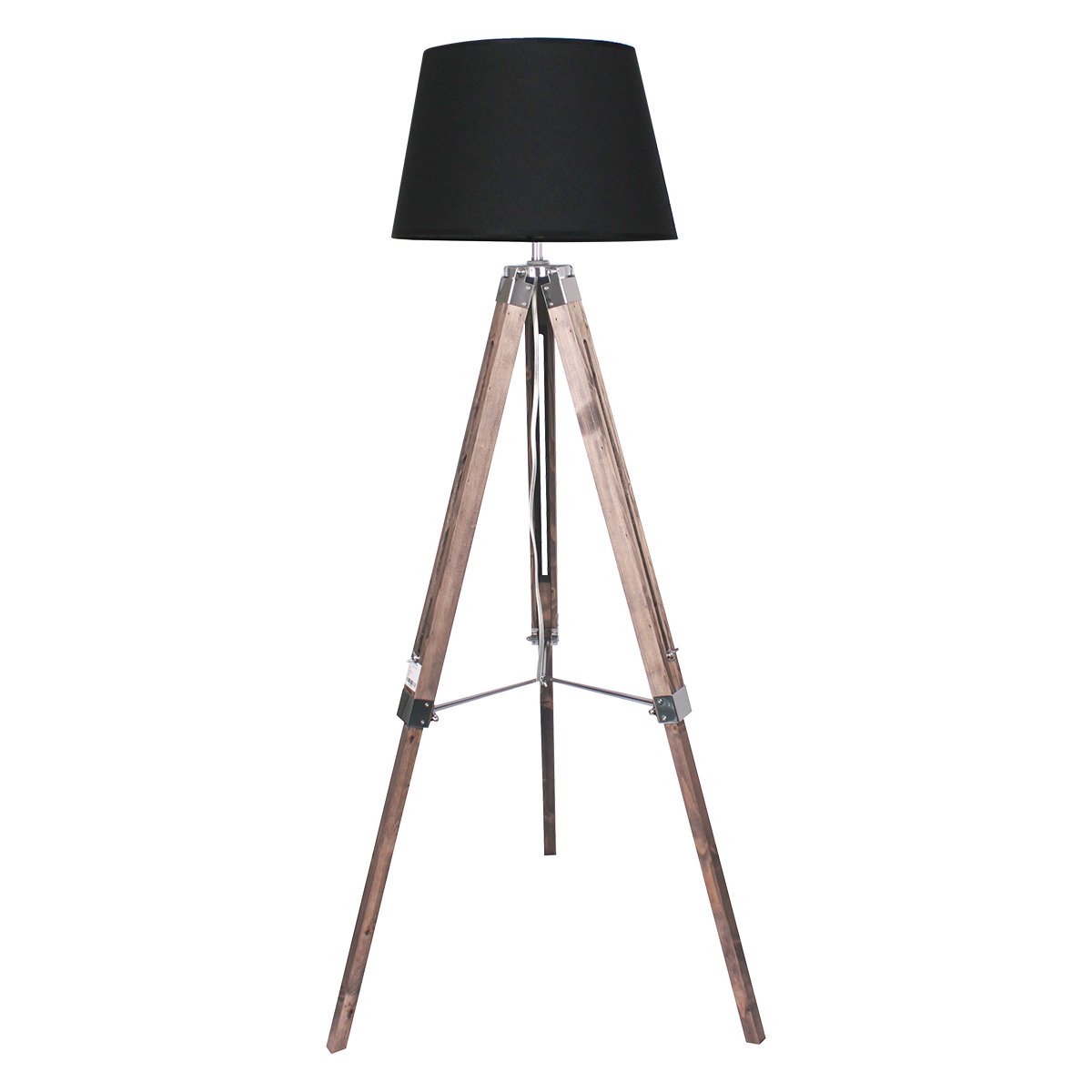 Sarantino Timber Tripod Floor Lamp with adjustable height, featuring a black lampshade and solid wood tripod base.