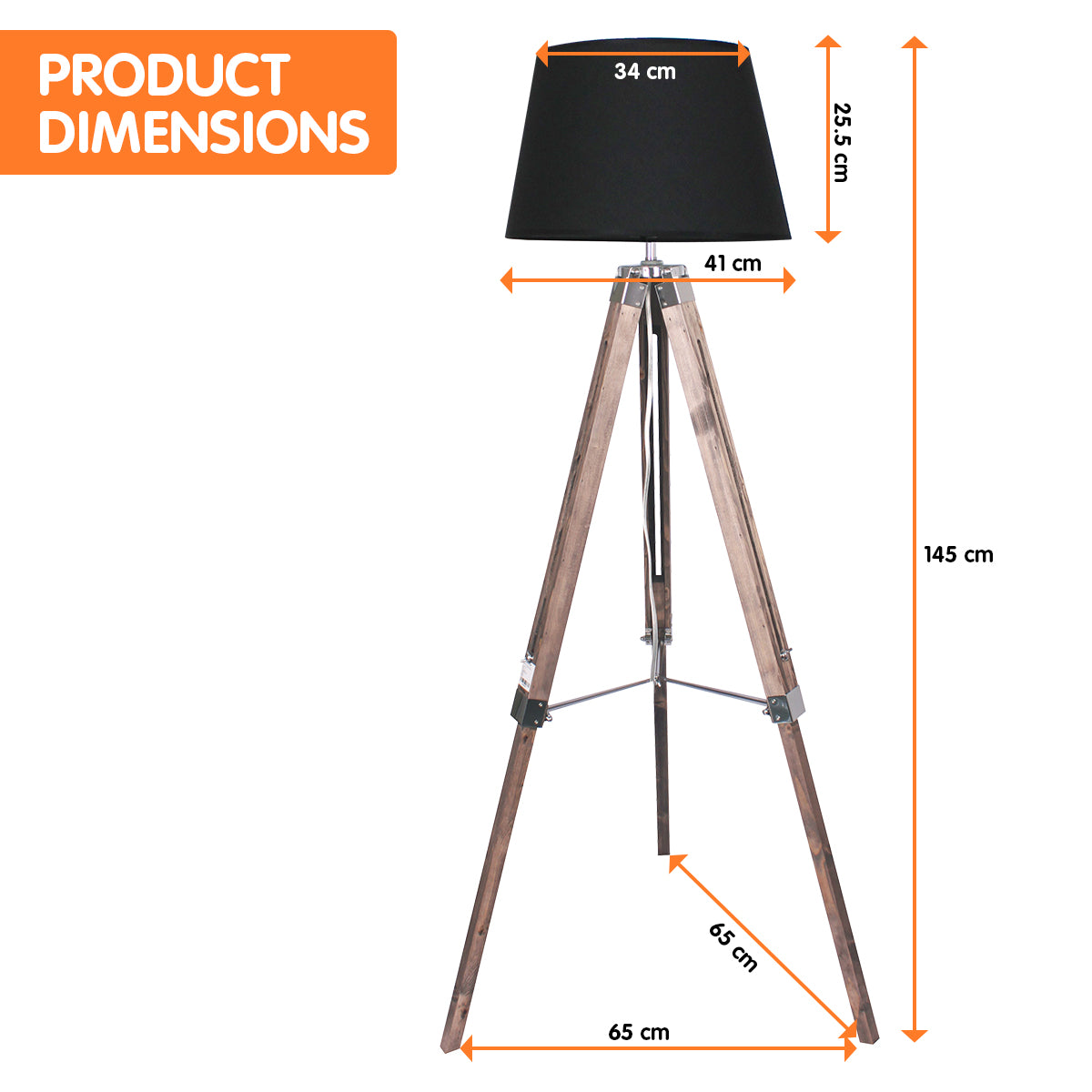 Sarantino Timber Tripod Floor Lamp with adjustable height, featuring a black lampshade and solid wood tripod base.