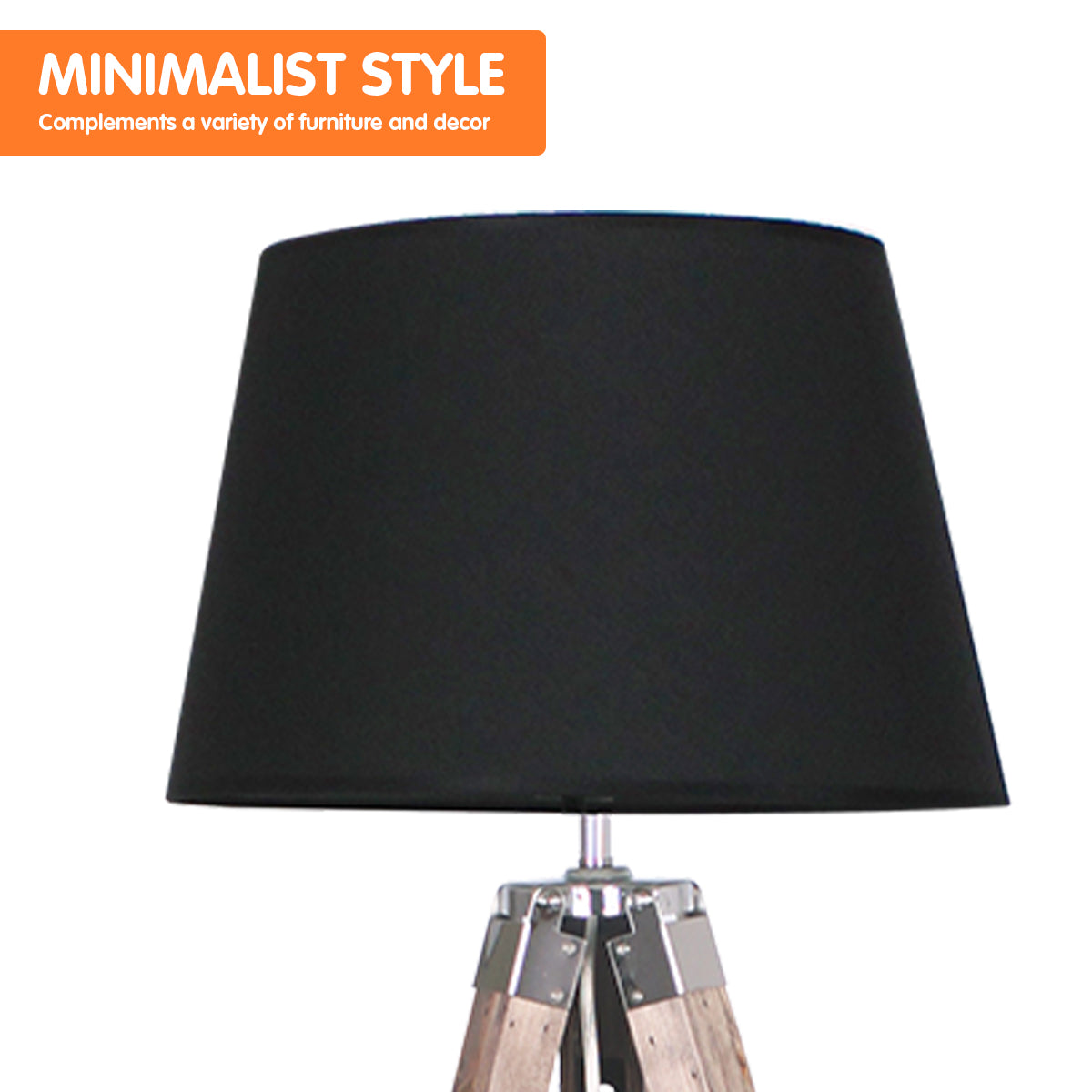 Sarantino Timber Tripod Floor Lamp with adjustable height, featuring a black lampshade and solid wood tripod base.