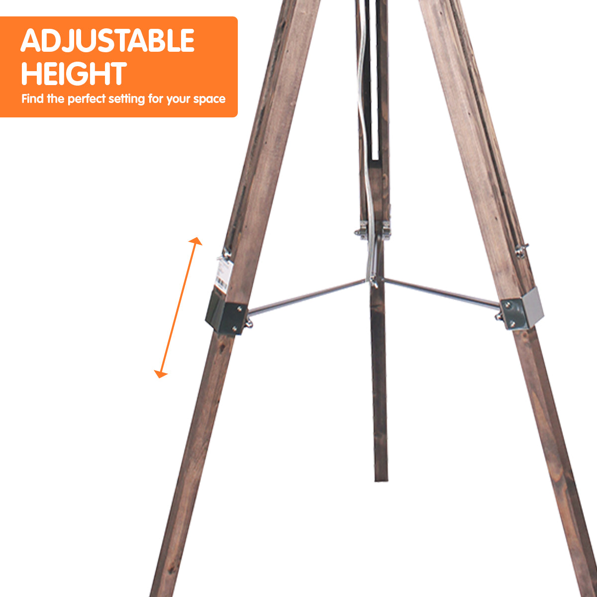 Sarantino Timber Tripod Floor Lamp with adjustable height, featuring a black lampshade and solid wood tripod base.