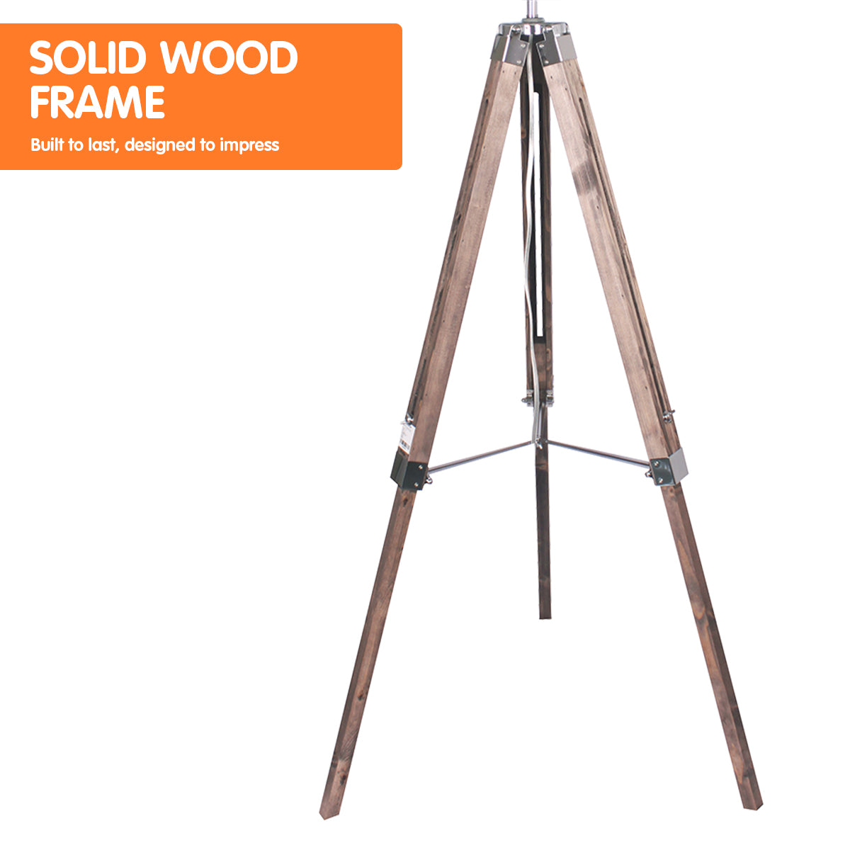 Sarantino Timber Tripod Floor Lamp with adjustable height, featuring a black lampshade and solid wood tripod base.