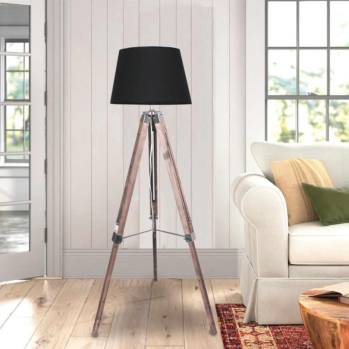 Sarantino Timber Tripod Floor Lamp with adjustable height, featuring a black lampshade and solid wood tripod base.