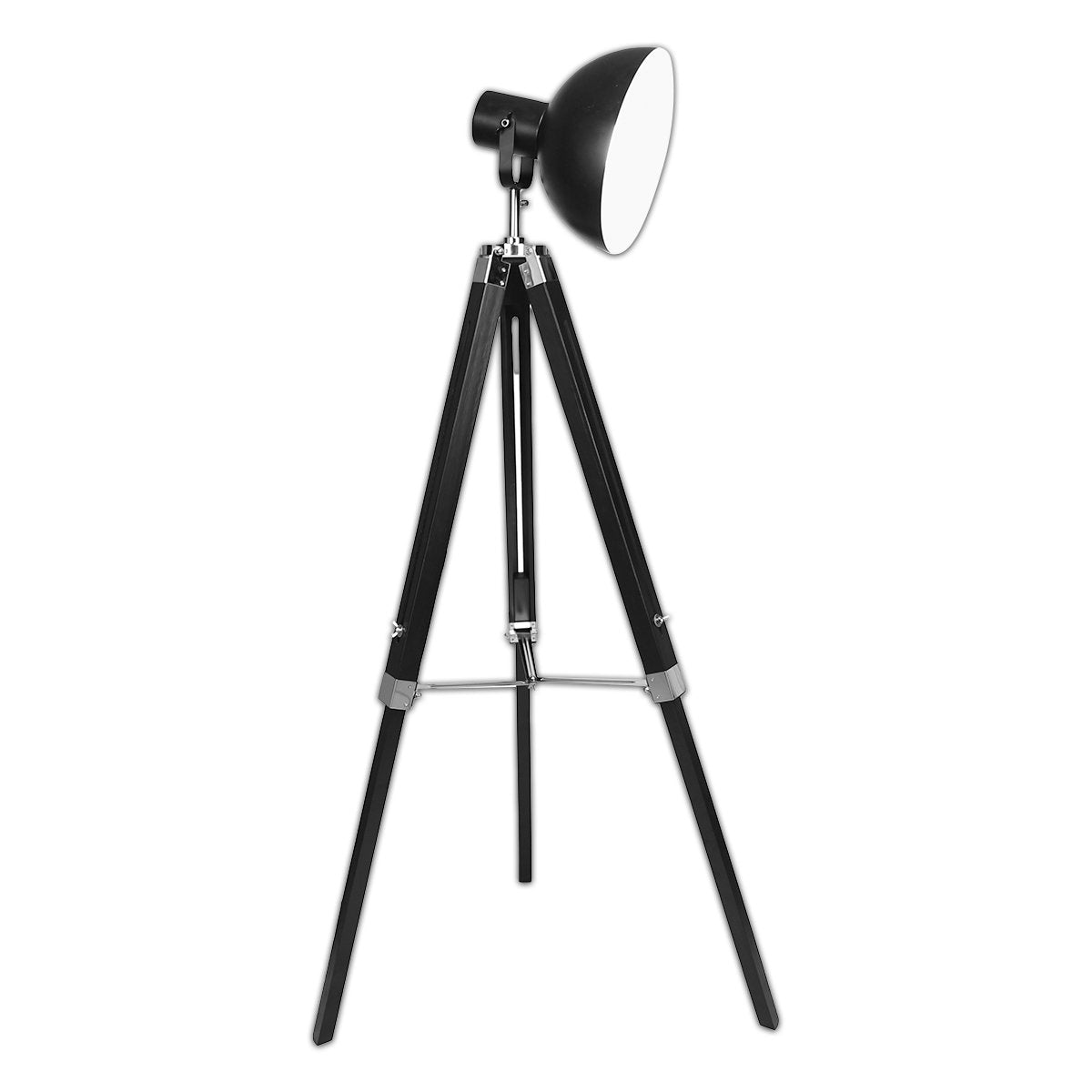 Sarantino Tripod Floor Spot Lamp with adjustable height and black metal dome shade, featuring solid wood legs and silver fittings.