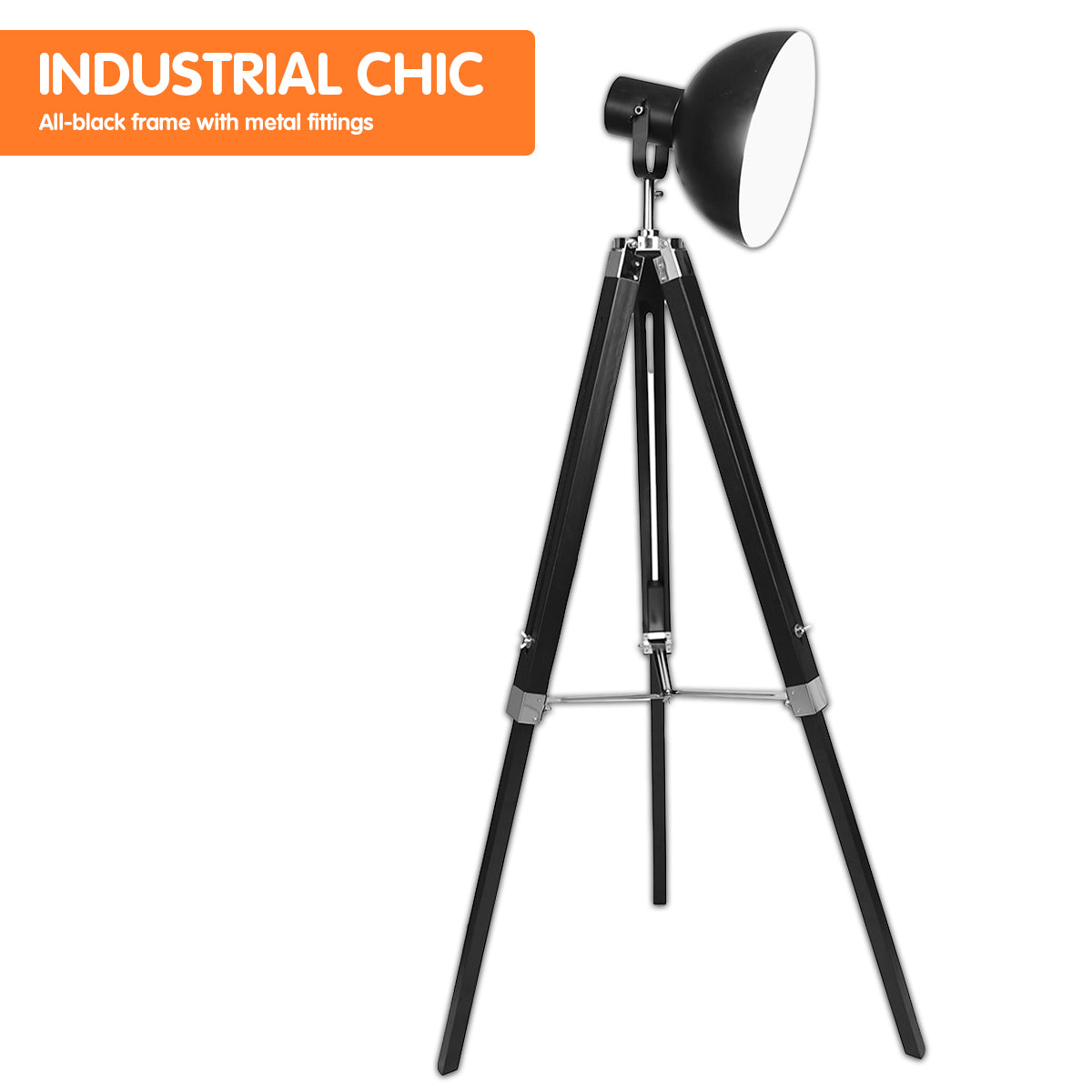 Sarantino Tripod Floor Spot Lamp with adjustable height and black metal dome shade, featuring solid wood legs and silver fittings.