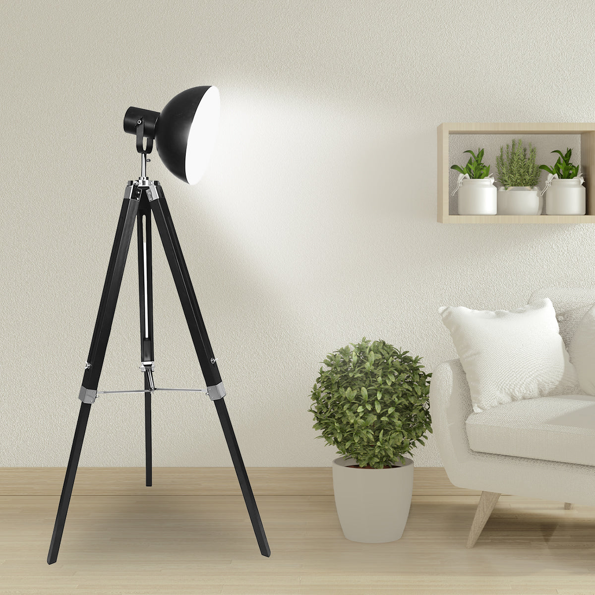 Sarantino Tripod Floor Spot Lamp with adjustable height and black metal dome shade, featuring solid wood legs and silver fittings.