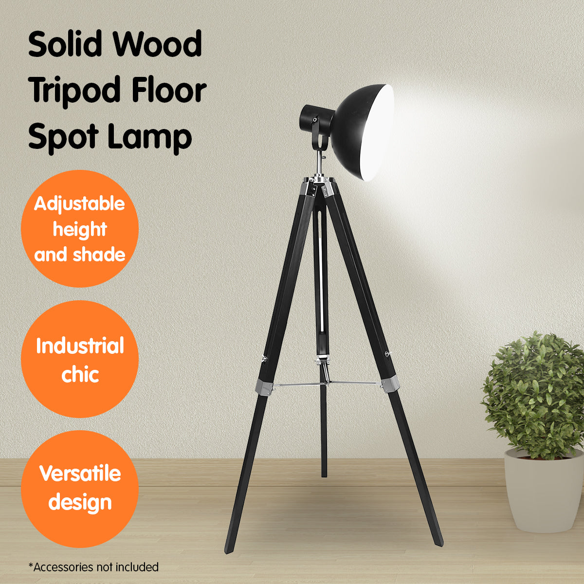 Sarantino Tripod Floor Spot Lamp with adjustable height and black metal dome shade, featuring solid wood legs and silver fittings.