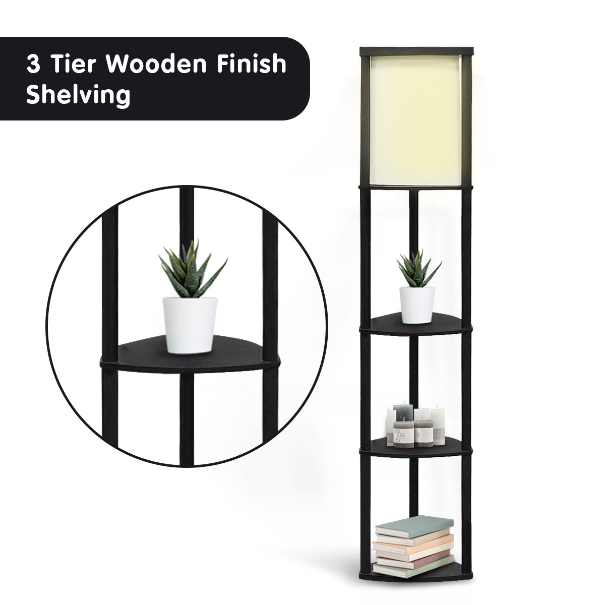 Sarantino Wood Etagere Floor Lamp with tripod design and three wooden shelves, featuring a black fabric shade.