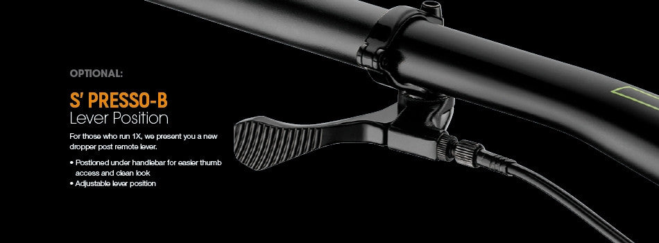 Satori S'Presso B Underbar Remote Lever designed for dropper seat posts, showcasing its sleek design and cable adjuster.