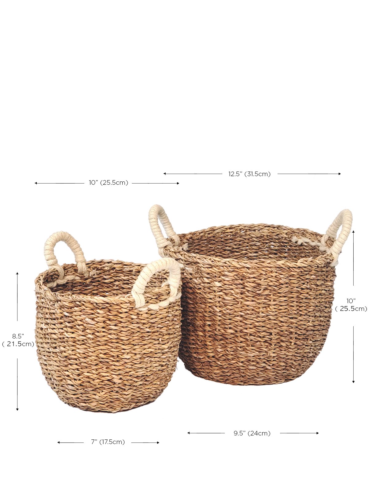 Savar Basket with White Handle made from natural seagrass, showcasing its elegant design and practical storage capabilities.