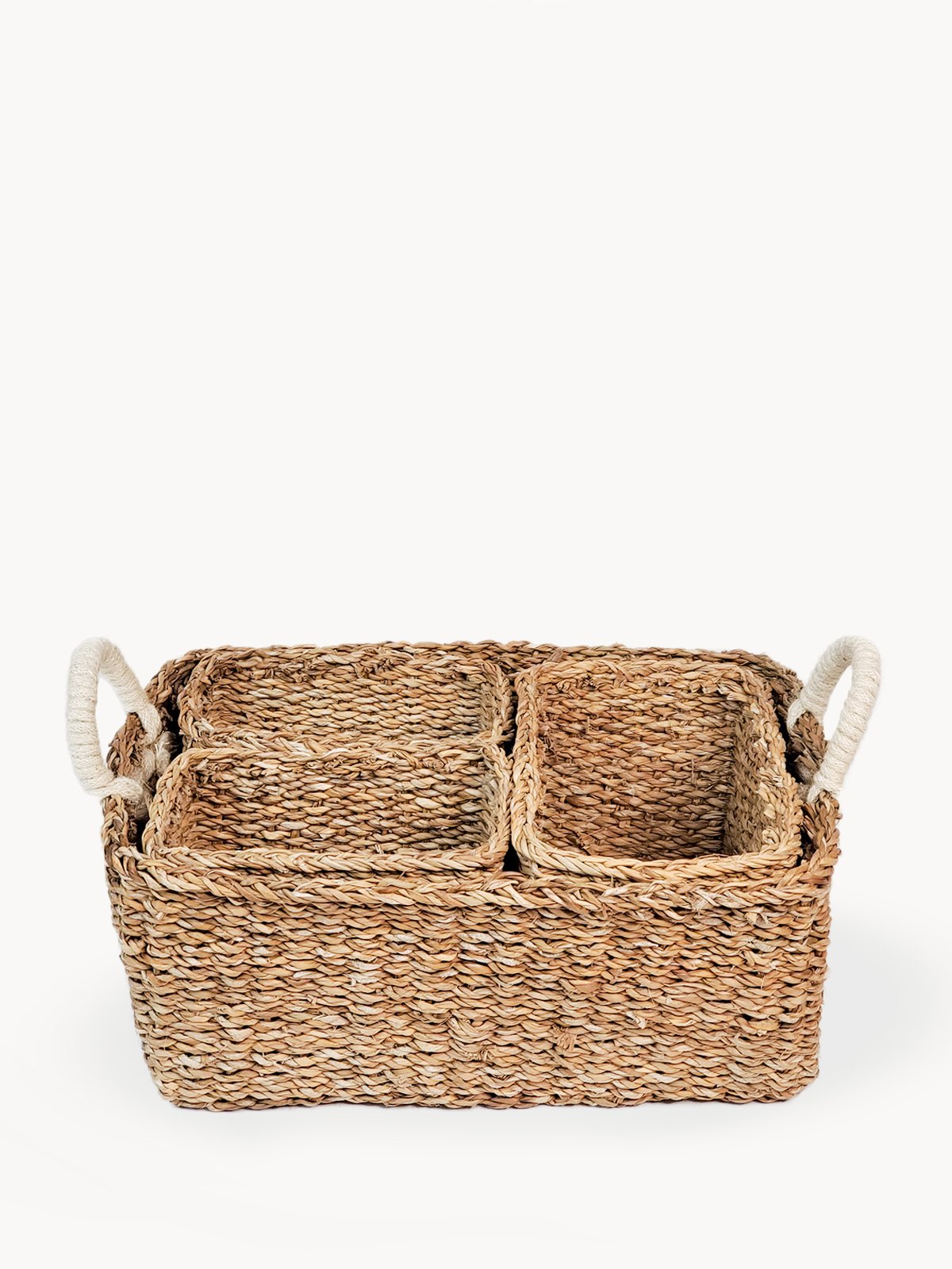 Savar Everything Basket made from seagrass and jute, showcasing its natural and white colors, perfect for home organization.