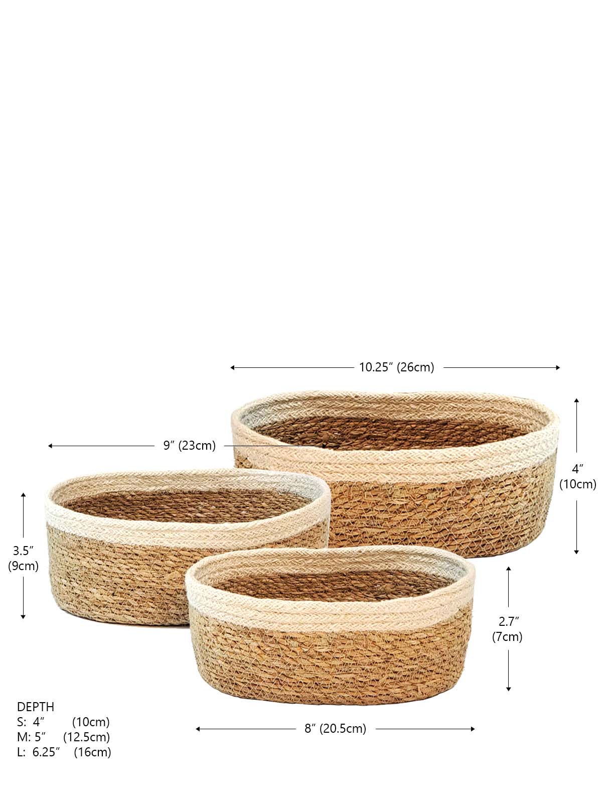 Set of 3 Savar Oval Bowls made from seagrass and jute, showcasing their natural and white colors.